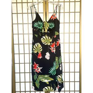 One Clothing spaghetti strap V-neck midi Sundress - tropical floral on black - M